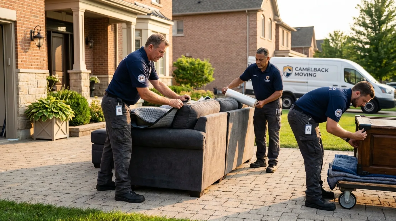 Large estate moving crew wrapping furniture in East Pittsburgh, PA