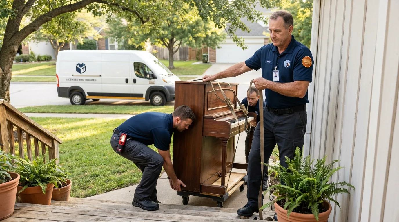 Licensed piano movers securing grand piano in East Pittsburgh, PA