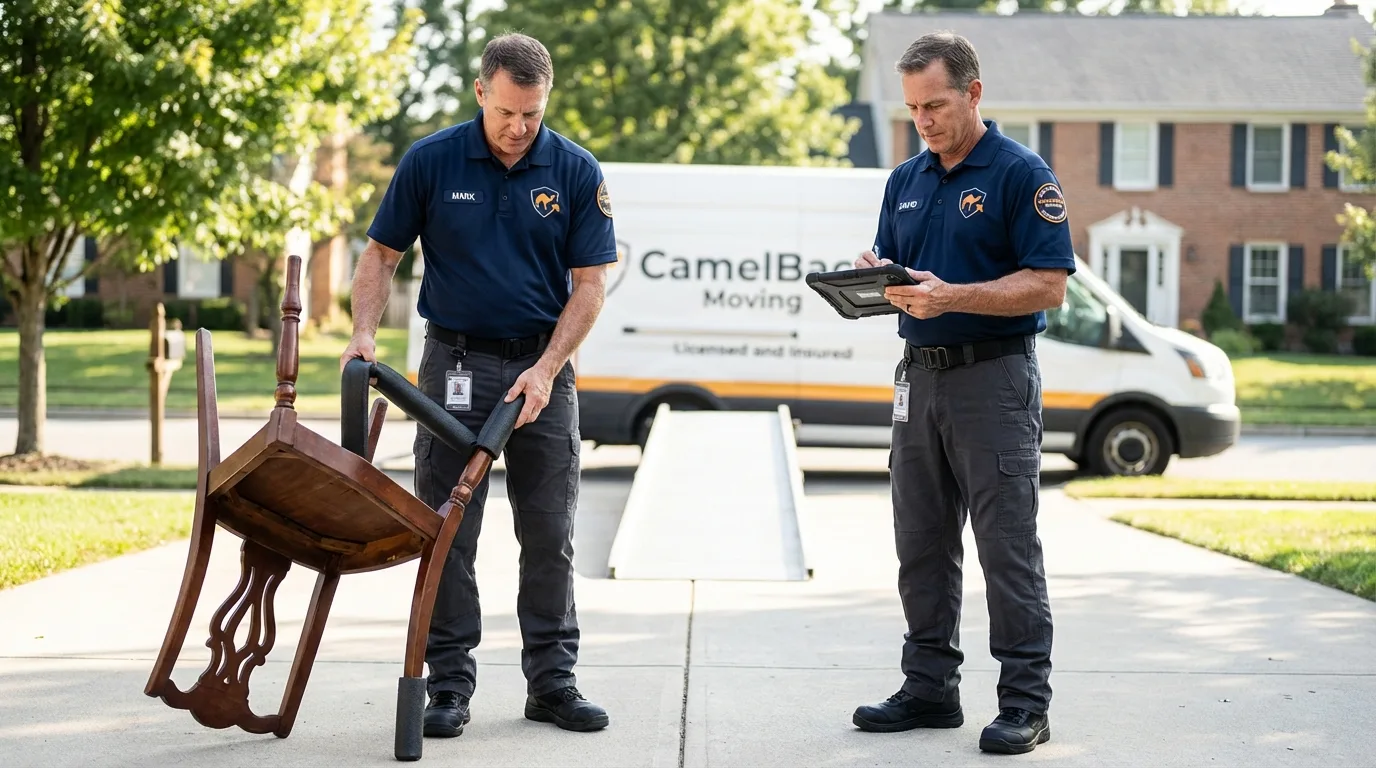 Movers inspecting furniture for damage prevention before loading in East Pittsburgh, PA