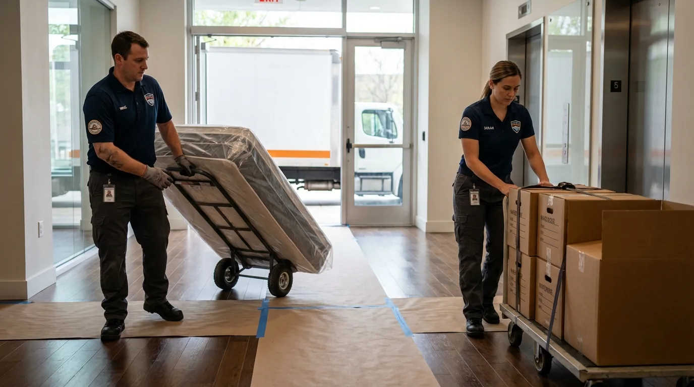 Professional apartment movers loading elevator in East Pittsburgh, PA